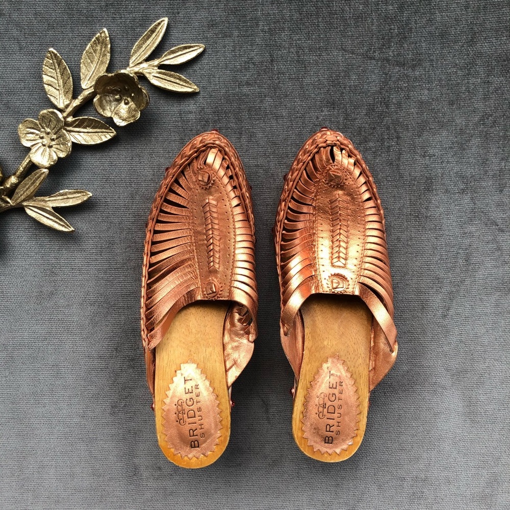 Bridget Shuster copper metallic abba clogs mules